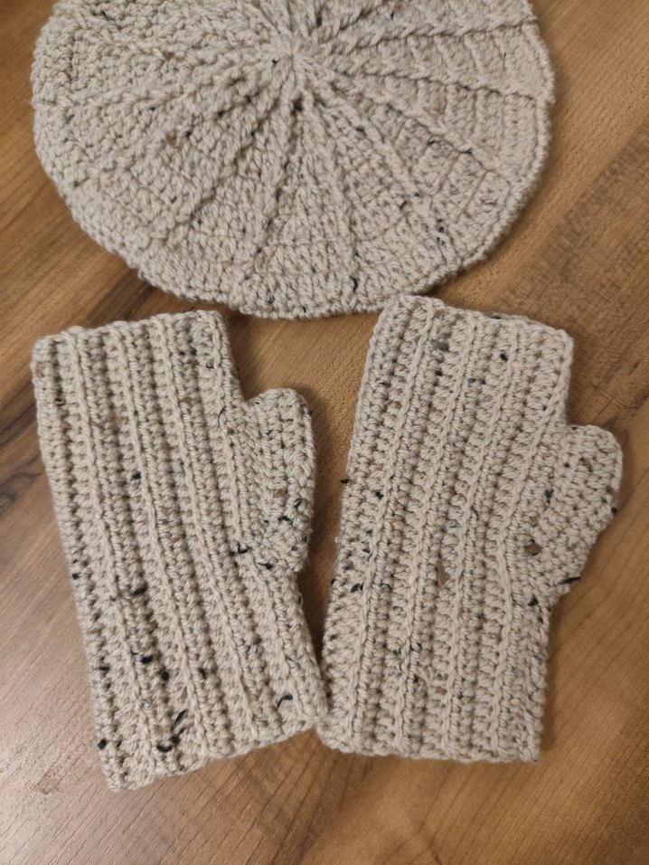 Bej Örgü Parmaksız Eldiven ve bere takım - Görsel 4