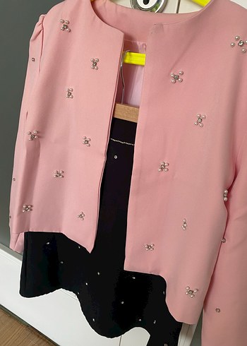 Düğmeli Pembe Kız Bolero Ceket Etek Takım - Görsel 4