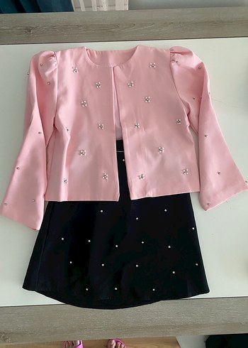 Düğmeli Pembe Kız Bolero Ceket Etek Takım - Görsel 2