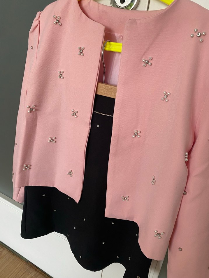 Düğmeli Pembe Kız Bolero Ceket Etek Takım - Görsel 4