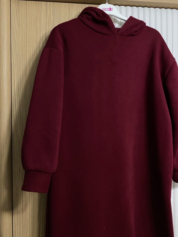 Bordo Uzun Kollu Rahat Kesim Kadın Elbise - Görsel 2