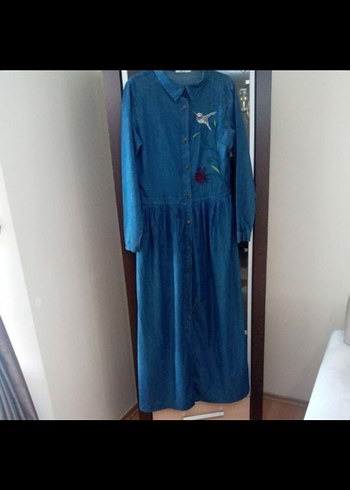 Nakışlı Uzun Denim Kadın Elbise