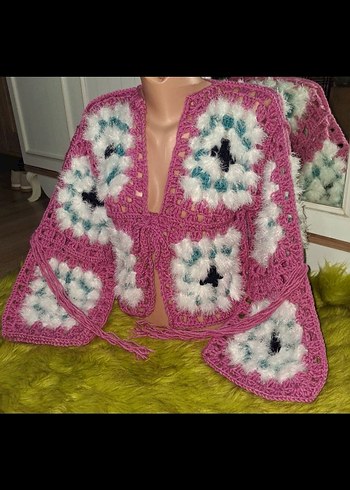 Pembe Bohem Mini Örgü Hırka - Görsel 2