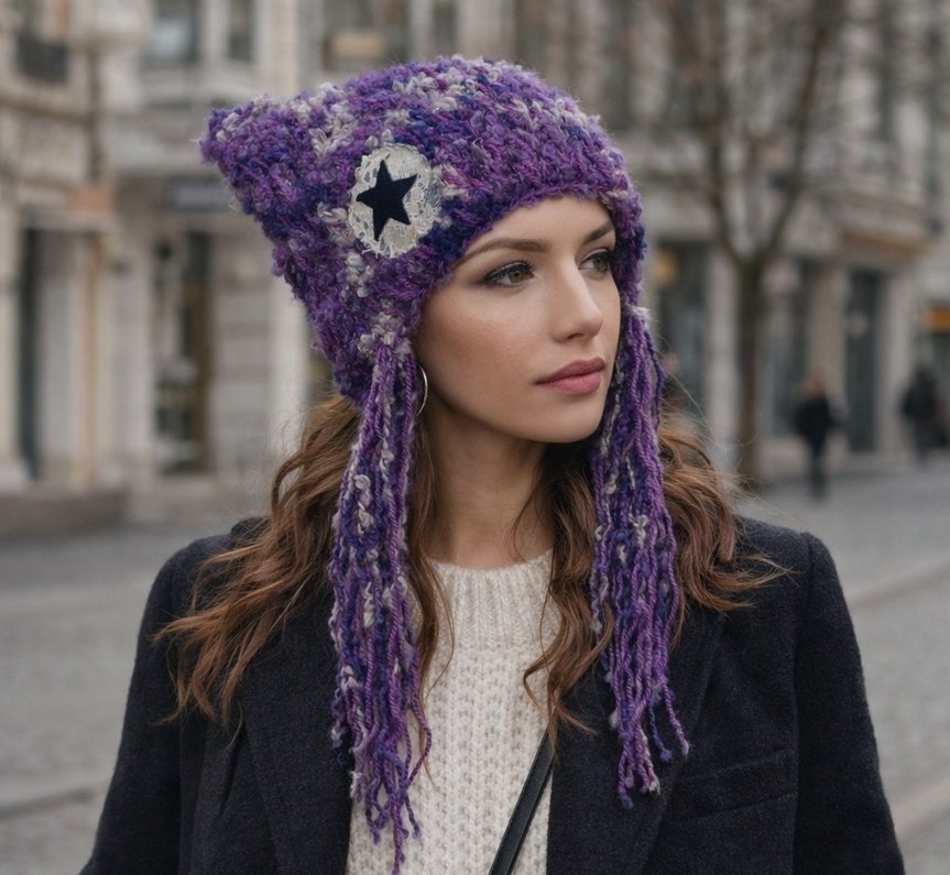 Mor Örgü Bohem Kadın Bere - Görsel 4