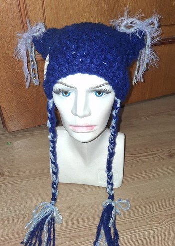 Mavi ve Gri Örgü Bohem Bere - Görsel 2