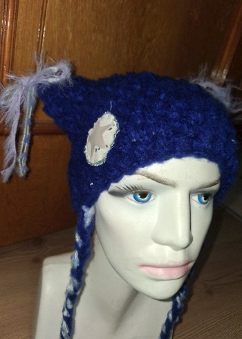 Mavi ve Gri Örgü Bohem Bere - Görsel 4