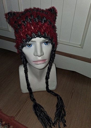 Bordo Örgü Kadın Bere Kulaklıklı - Görsel 2