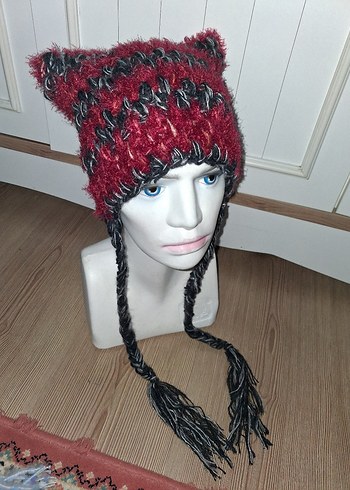 Bordo Örgü Kadın Bere Kulaklıklı - Görsel 4