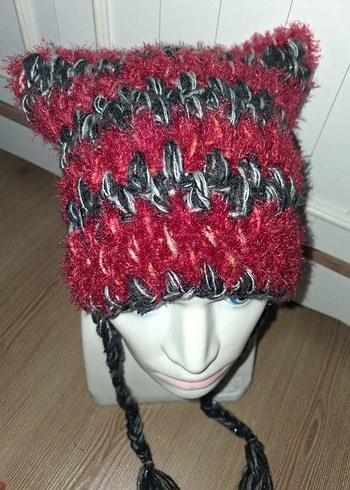 Bordo Örgü Kadın Bere Kulaklıklı - Görsel 3