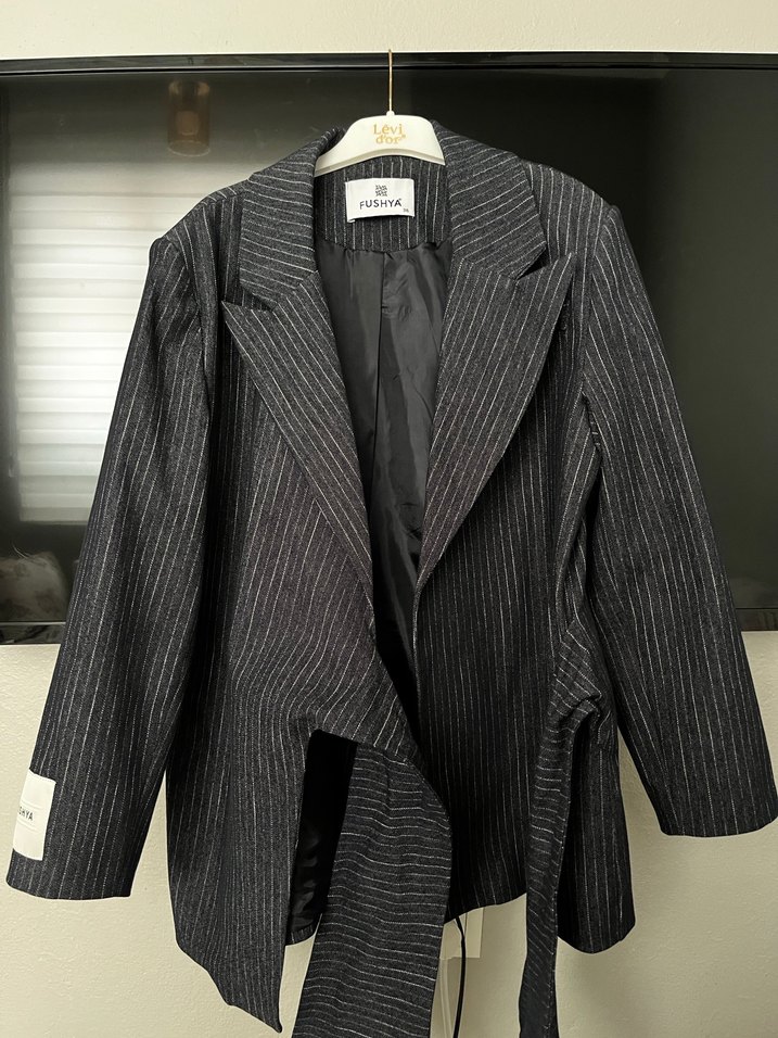 Fushya Lacivert Çizgili Kadın Blazer - Görsel 2