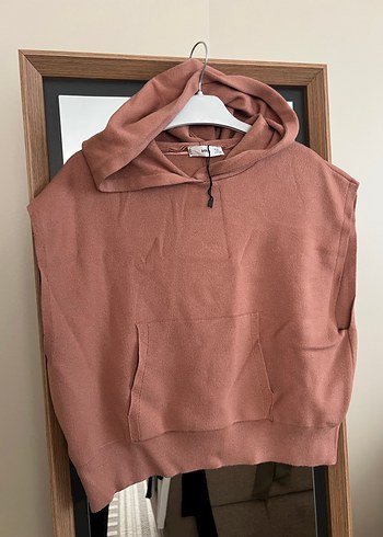l Beden Bej Kapüşonlu Kolsuz Triko Sweatshirt