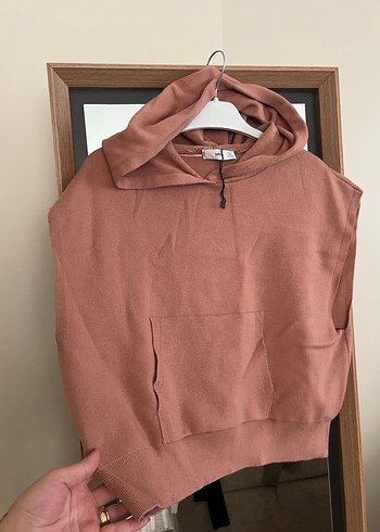 Bej Kapüşonlu Kolsuz Triko Sweatshirt
