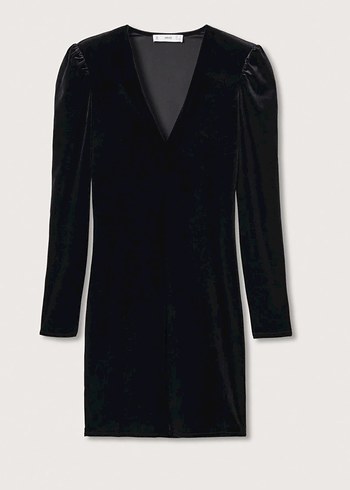 Siyah V Yaka Midi Kadife Elbise - Görsel 2