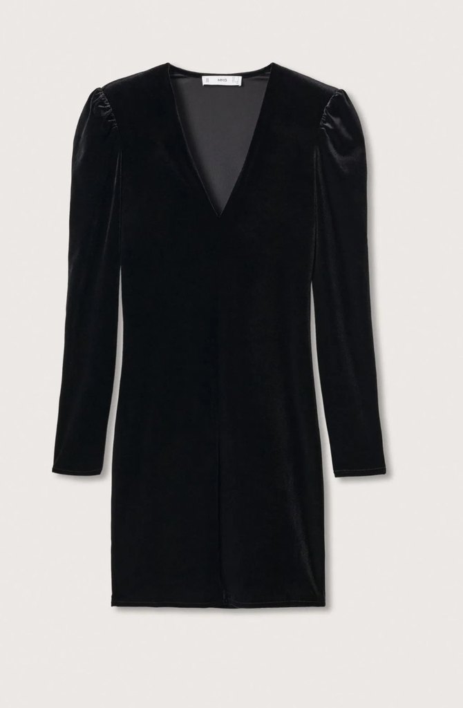 Siyah V Yaka Midi Kadife Elbise - Görsel 2