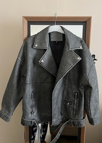 Gri Deri Biker Ceket - Görsel 3