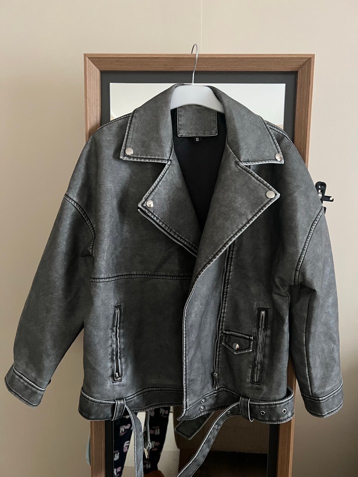 Gri Deri Biker Ceket - Görsel 3