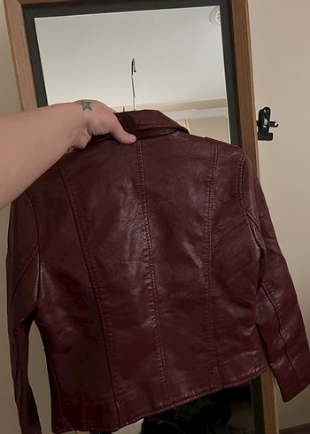 Bordo Kadın Deri Biker Ceket - Görsel 4