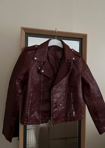 Bordo Kadın Deri Biker Ceket - Görsel 2