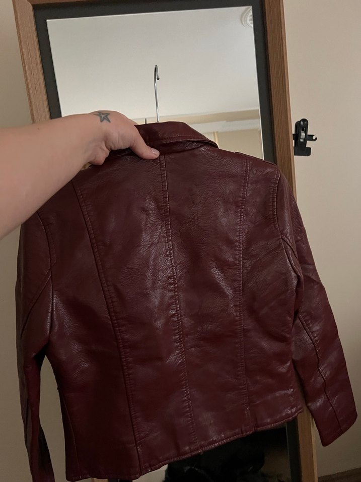 Bordo Kadın Deri Biker Ceket - Görsel 4