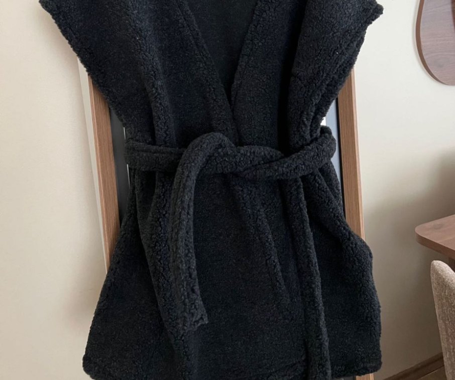 Siyah Kolsuz Midi Kadın Bornoz - Görsel 3