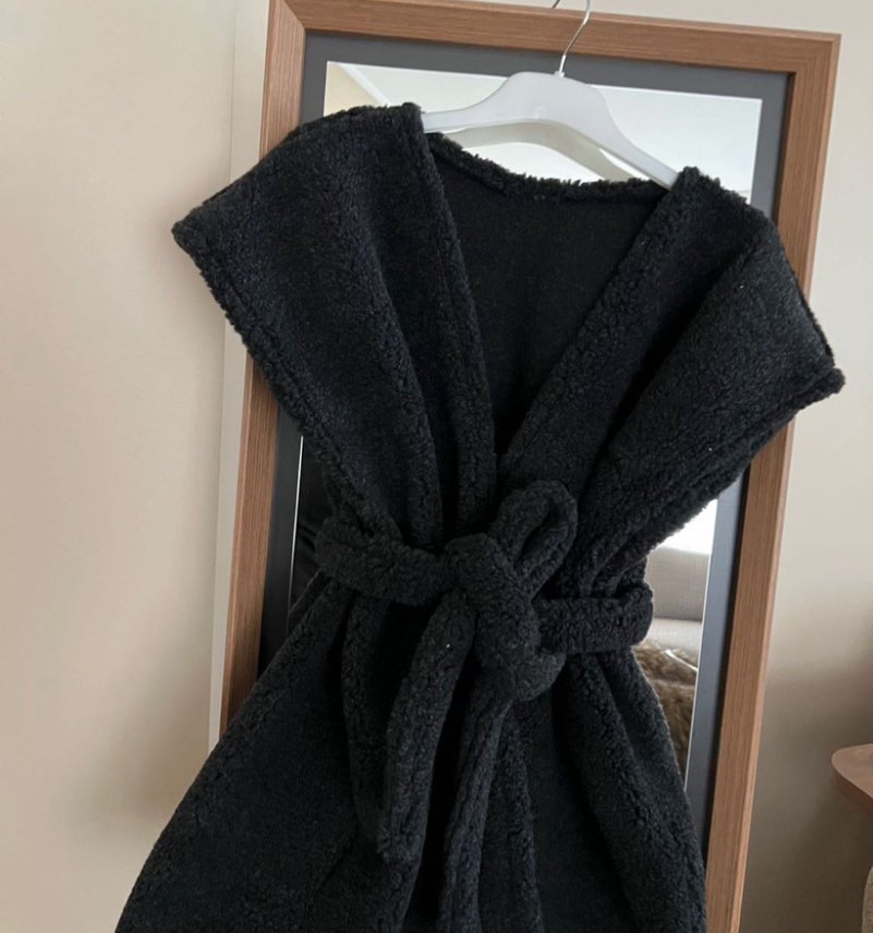 Siyah Kolsuz Midi Kadın Bornoz - Görsel 2