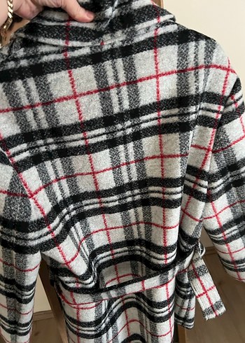 Gri Kareli Kadın Yün Midi Kaban - Görsel 4