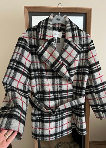 Gri Kareli Kadın Yün Midi Kaban - Görsel 2