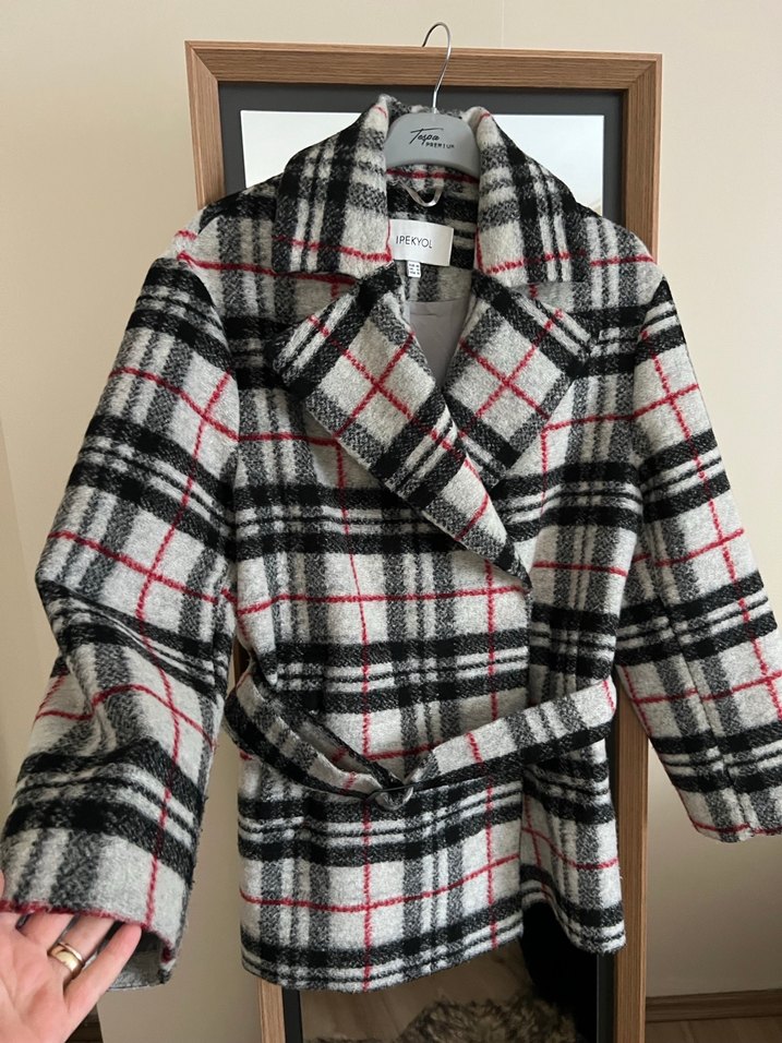 Gri Kareli Kadın Yün Midi Kaban - Görsel 2