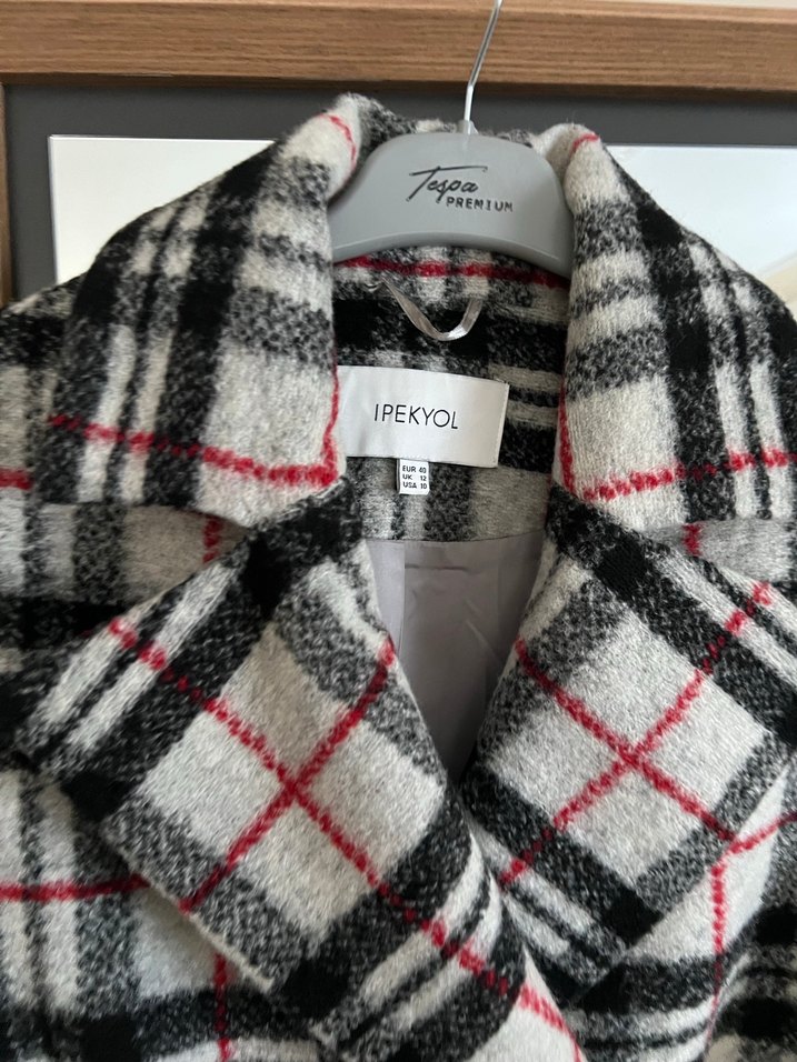 Gri Kareli Kadın Yün Midi Kaban - Görsel 3