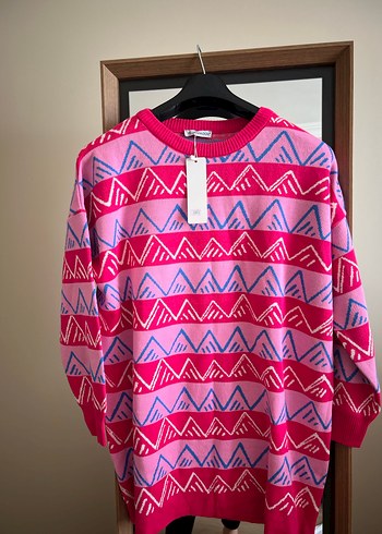 Pembe Desenli Örgü Kadın Kazak - Görsel 2