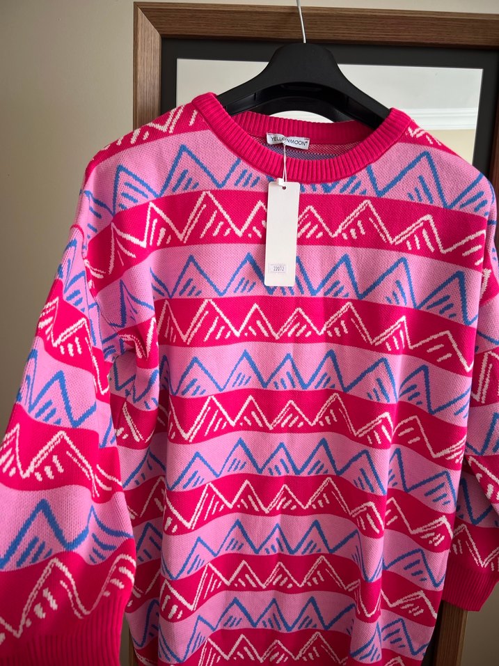 Pembe Desenli Örgü Kadın Kazak - Görsel 4