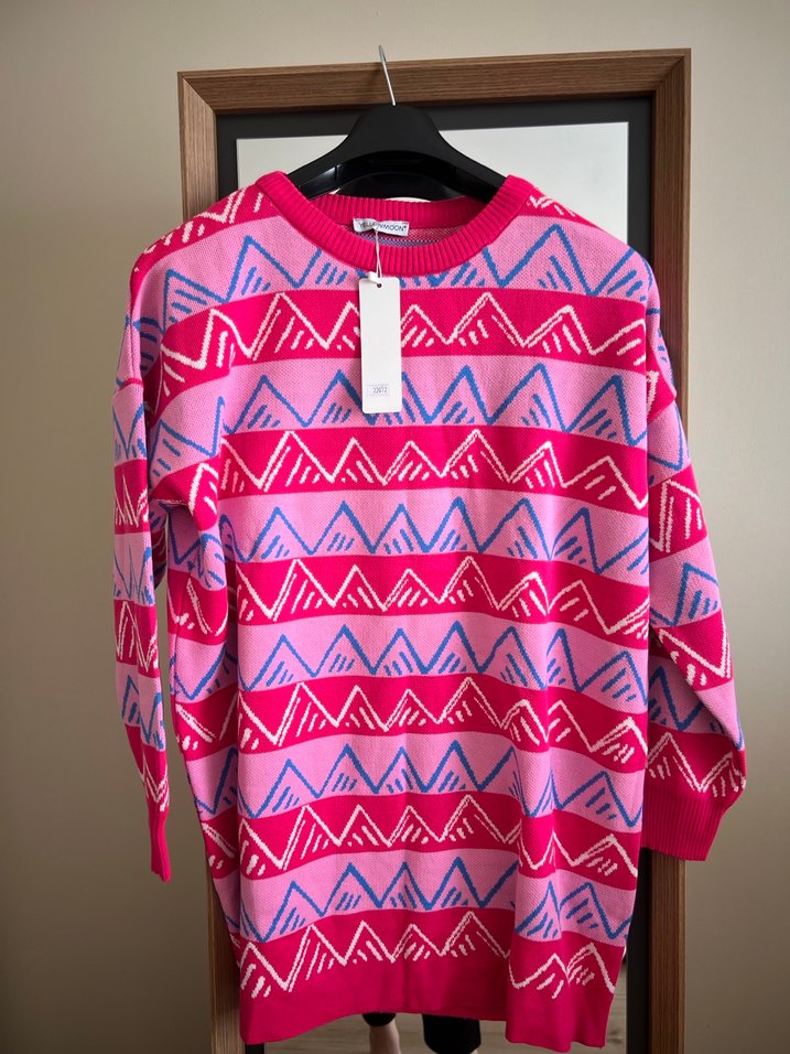 Pembe Desenli Örgü Kadın Kazak - Görsel 3
