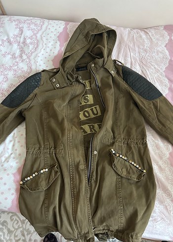 Kadın Haki Deri Detaylı Düğmeli Ceket parka - Görsel 4