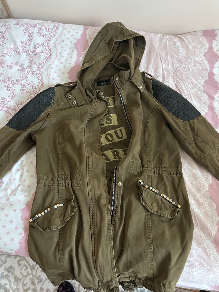 Kadın Haki Deri Detaylı Düğmeli Ceket parka - Görsel 4