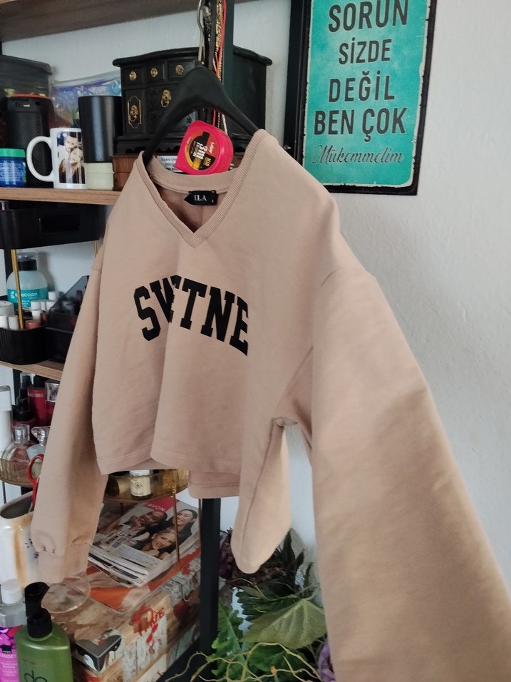 Bej Kadın Süet Mini Sweatshirt - Görsel 2