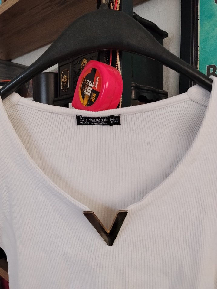 Kadın Beyaz V Yaka Uzun Kollu Tişört - Görsel 2