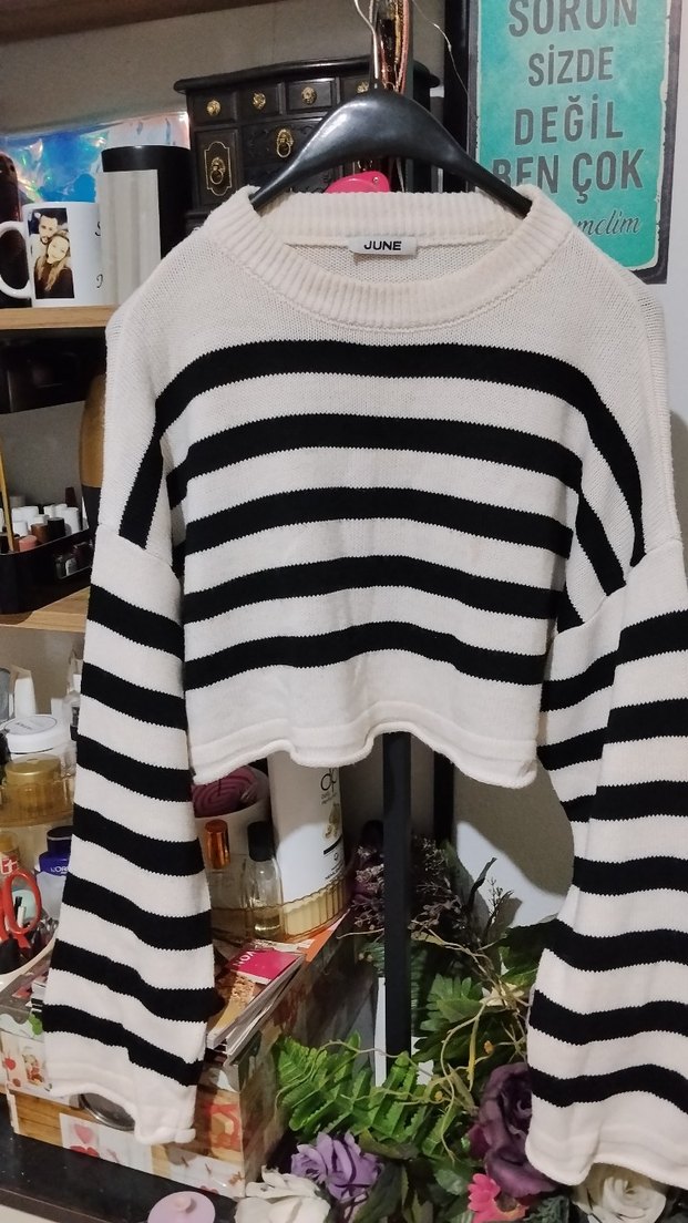 Çizgili Örgü Kadın Kazak - Görsel 2