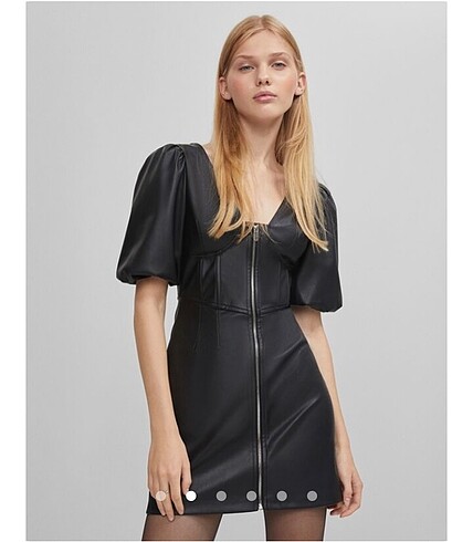 Bershka deri balon kol siyah mini elbise
