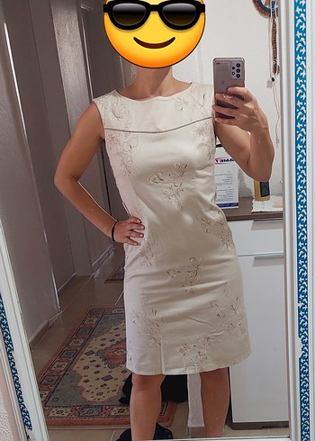 Bej Nakışlı  Keten Kılıf Elbise - Görsel 9