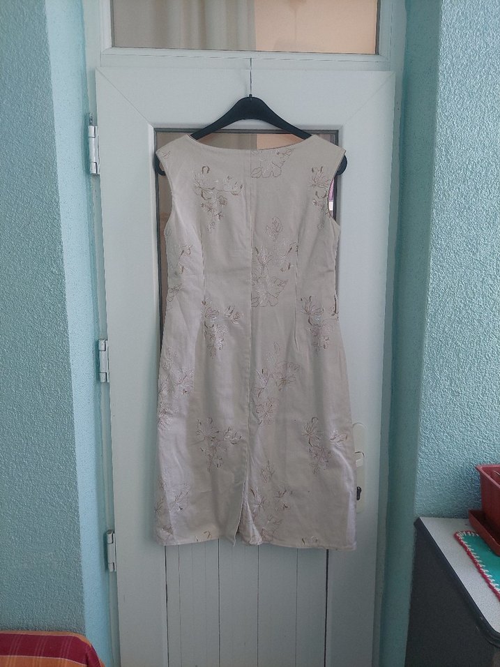 Bej Nakışlı  Keten Kılıf Elbise - Görsel 3