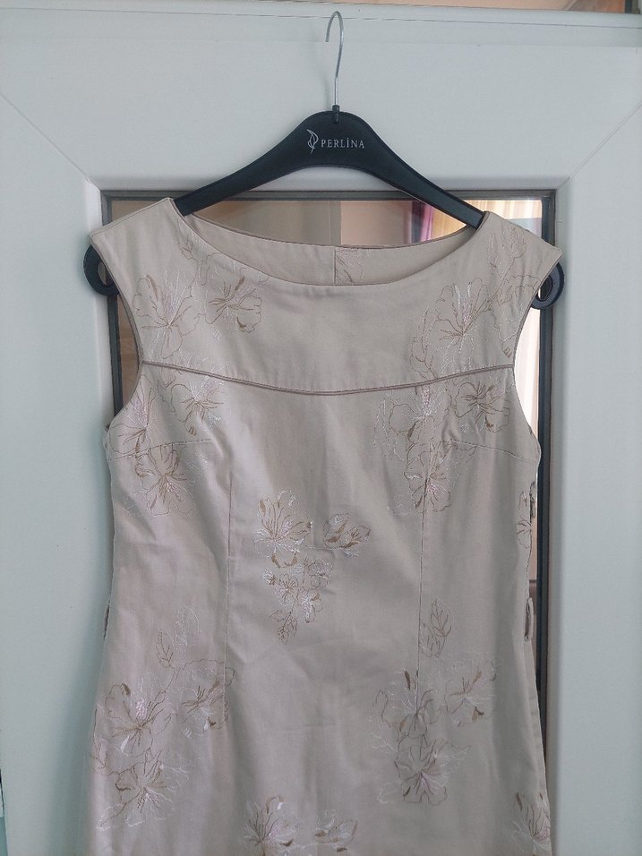 Bej Nakışlı  Keten Kılıf Elbise - Görsel 4