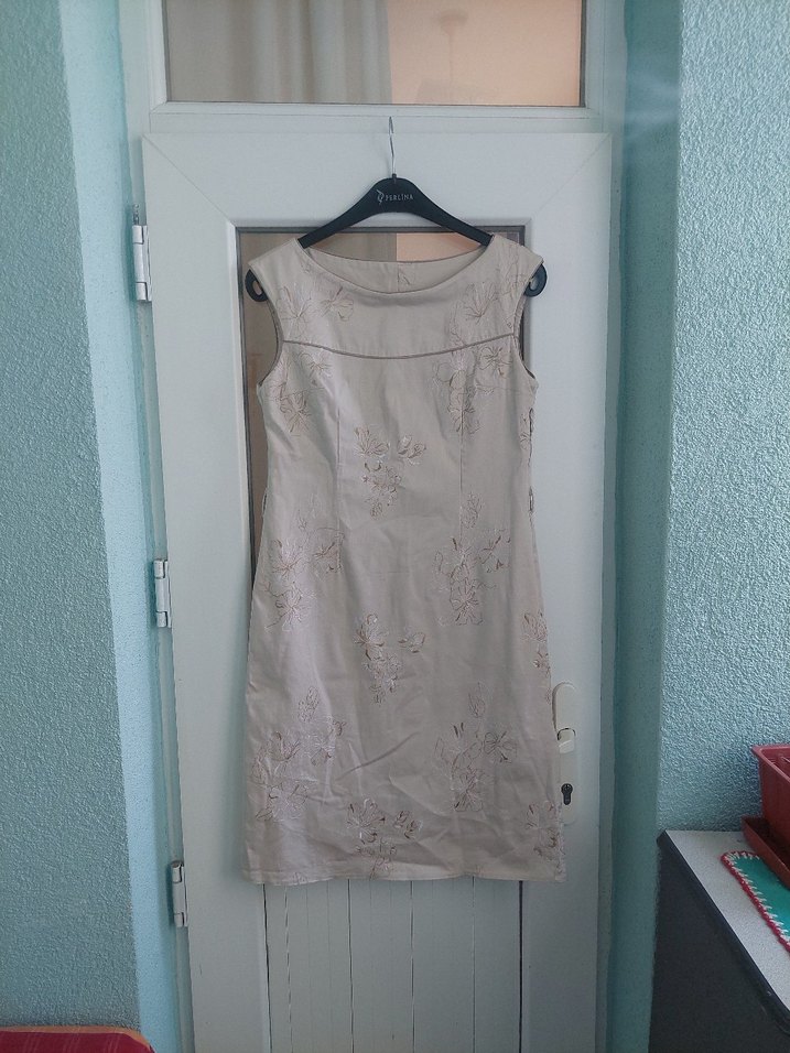 Bej Nakışlı  Keten Kılıf Elbise - Görsel 2