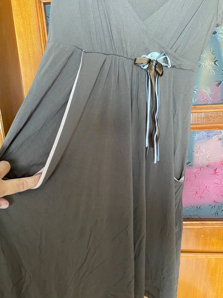 Taba  rengi V Yaka Kemerli Midi Elbise. - Görsel 2