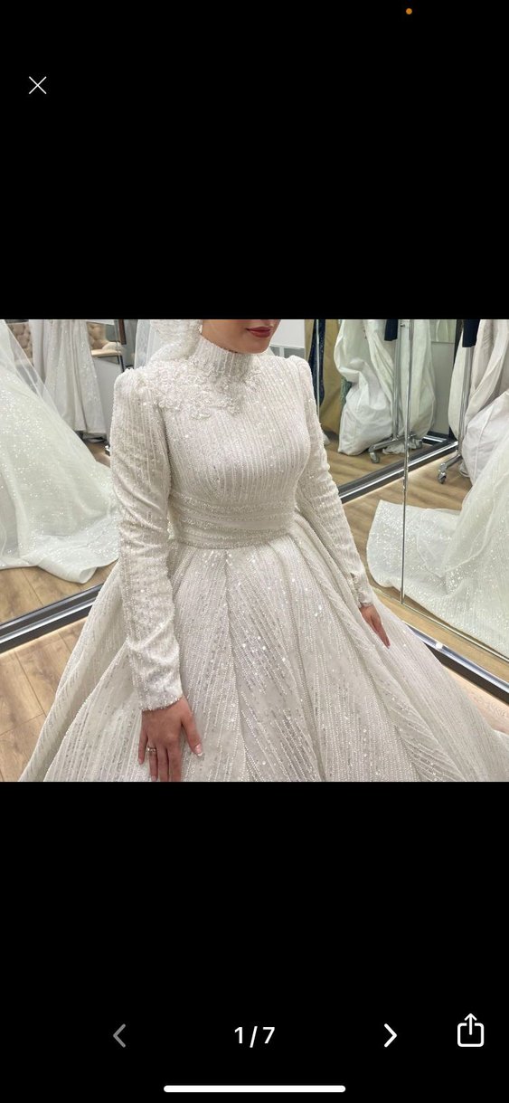 İşlemeli Beyaz Uzun Kol Tesettür Gelinlik - Görsel 3