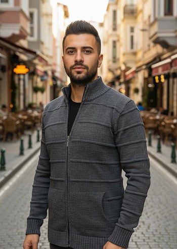 l Beden Gri Erkek Fermuarlı Triko Hırka