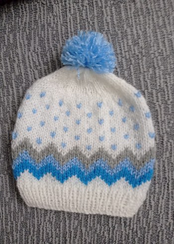 Çocuk Beyaz Mavi Ponponlu Örgü Bere - Görsel 3