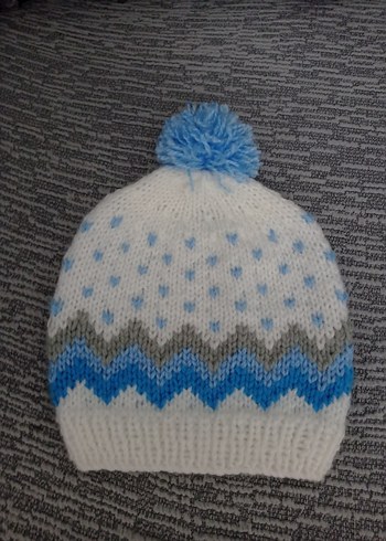 Çocuk Beyaz Mavi Ponponlu Örgü Bere - Görsel 2