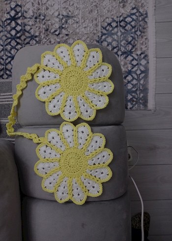 Sarı Beyaz Örgü Çiçekli Bohem Tutacak - Görsel 2