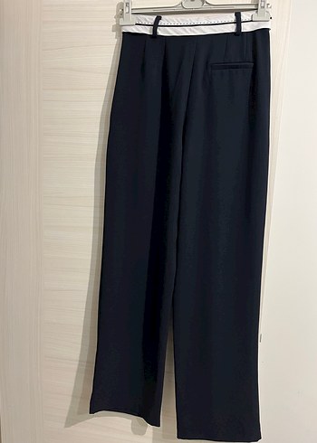 Lacivert Midi Kumaş palazzo Pantolon, Kemerli, Ofis Stili - Görsel 4