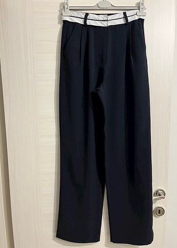 Lacivert Midi Kumaş palazzo Pantolon, Kemerli, Ofis Stili - Görsel 7